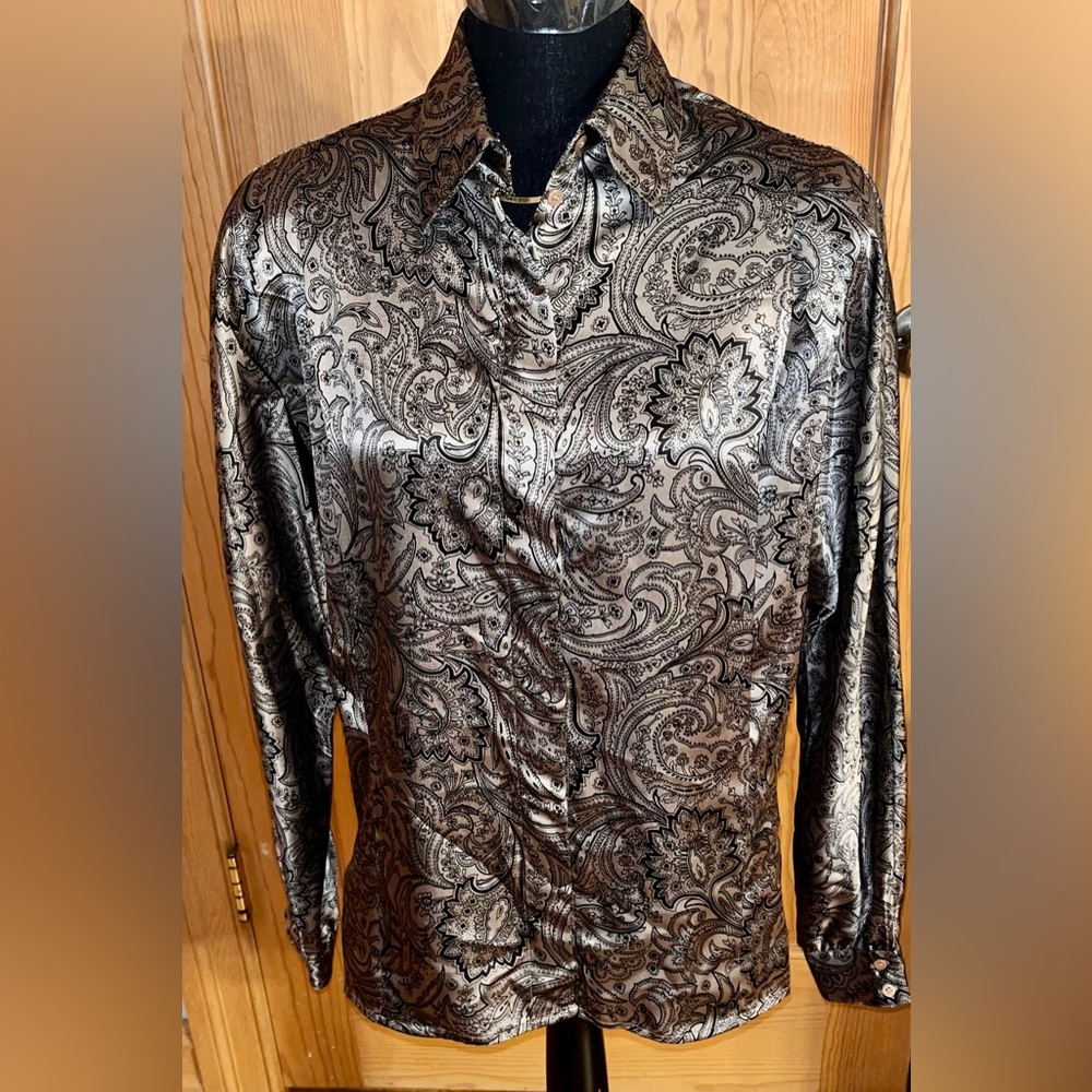 Satin Paisley Button-Down Blouse in Silver and Black